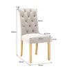 A beige upholstered dining chair with wooden legs, shown with dimensions indicated by lines and text. Produktbild-Vorschau