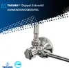 A close-up shot of a chrome-plated double angle valve. Produktbild-Vorschau