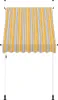 A retractable awning with yellow, blue, and white stripes, supported by white poles. Podgląd zdjęcia produktu