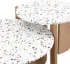 Two round terrazzo-effect coffee tables of different sizes, nested. The tables have white tops with speckled multicolored chips and wooden legs. Voir les images du produit
