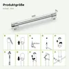 An illustration showing the dimensions of a shower support rod and a step-by-step assembly guide. Produktbild-Vorschau