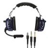 A pair of dark blue aviation headphones with a microphone and two audio jacks. Náhled obrázku produktu