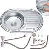 A stainless steel kitchen sink with a drainboard and accessories, presented on a white background. Produktbild-Vorschau