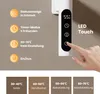 A hand is shown interacting with the LED touch control panel of a white towel warmer, with feature callouts and temperature recommendations for different fabrics. Produktbild-Vorschau