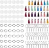 A collection of acrylic circle keychain blanks and colorful tassels, along with jump rings and keychains, arranged on a white background. Produktbild-Vorschau