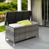 An outdoor storage box with cushions on a deck, with greenery in the background. Náhled obrázku produktu
