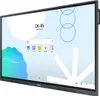 A large, flat-screen interactive display, likely a smart board or digital signage, is shown from a slightly angled side view. The screen displays a user interface with icons, a search bar, and the time. Produktbild-Vorschau