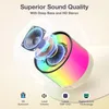 A close-up, exploded view of a speaker with colorful lighting, showcasing its internal components and highlighting its sound features. Produktbild-Vorschau