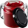 Three glass jars, one filled with red jam or preserve, with a black lid placed next to it. Anteprima dell’immagine prodotto