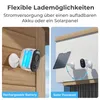 Split image showing two ways to power a security camera: one with a rechargeable battery and the other with a solar panel. Produktbild-Vorschau