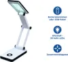 A white LED desk lamp is shown with informational icons and text on the right side. Produktbild-Vorschau