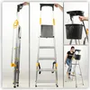 A collage of images showing a KADAX Alu-Leiter, 'Bykle', 162 cm, Leiter mit Handlauf, 5 Stufen. One image shows the ladder folded, another shows it open, and a third shows a person using it with a bucket attached. Podgląd zdjęcia produktu