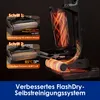 Diagram showing the two steps of a self-cleaning system for a floor cleaning device, with animated heat effects. Produktbild-Vorschau
