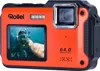 A Rollei Sportsline 64 Selfie digikamera is shown with a screen displaying a person snorkeling underwater. Produktbild-Vorschau