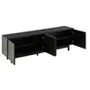 A black TV cabinet with four doors open, showing the interior shelves. Produktbild-Vorschau