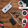 A collection of images showing a garage door lock mechanism and its components, along with marketing icons. Produktbild-Vorschau