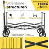 A black folding wagon with text overlays highlighting its features and specifications. Podgląd zdjęcia produktu
