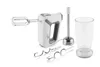 A white and gray hand mixer with accessories, including beaters, a blending attachment, and a cup, is displayed on a white background. Náhled obrázku produktu
