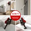 A collage of four images showing a cordless vacuum cleaner in different settings and configurations, with a central red circle highlighting product features. Produktbild-Vorschau