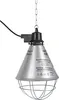 A hanging infrared heat lamp with a metal cone-shaped reflector and a wire cage at the bottom, suspended by a chain. Produktbild-Vorschau