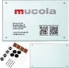 A product image showing a white glass sign with company information and accessories for mounting. Náhľad obrázku produktu