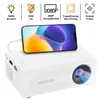 A white mini projector with a smartphone placed on top, displaying a colorful abstract image. The top of the image features icons and text describing the projector's features. Produktbild-Vorschau