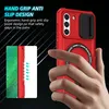 A hand holding a red phone case with a camera slider and magnetic ring. Produktbild-Vorschau