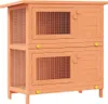 A two-tiered wooden rabbit hutch with wire mesh fronts and doors. Produktbild-Vorschau