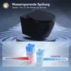A black wall-mounted toilet is shown with graphics illustrating water savings. Náhľad obrázku produktu