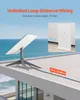 A satellite dish extension cable is shown on a rooftop with the ocean in the background. A smaller inset image shows a close-up of a router. Náhled obrázku produktu