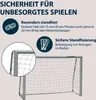 A soccer goal with marketing text and icons highlighting its features. Produktbild-Vorschau