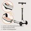 A three-wheeled scooter for children, with close-up insets highlighting features and bullet points listing benefits. Anteprima dell’immagine prodotto
