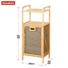A bamboo laundry basket with shelves, shown against a white background with dimensions indicated. Náhled obrázku produktu