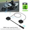 A collage showing a person riding a motorcycle, a battery icon, and a motorcycle helmet headset. Náhled obrázku produktu