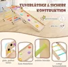 A wooden climbing triangle with a slide and climbing wall, presented with marketing text and feature callouts. Produktbild-Vorschau