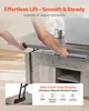 A person's hands are shown lifting the top of a rustic gray coffee table, revealing a hidden storage compartment. The image also includes text overlays highlighting product features. Produktbild-Vorschau