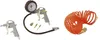 A collection of air compressor accessories, including two air guns, a tire inflator with a pressure gauge, various nozzles, and a coiled orange air hose, displayed against a white background. Produktbild-Vorschau