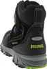A rear-side view of a black Meindl boot with green accents. Produktbild-Vorschau