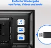 The back of a TV is shown with icons representing media playback and a USB drive plugged in. Produktbild-Vorschau