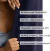 A person is holding a dark blue curtain with text overlays describing its features. Produktbild-Vorschau