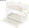 A diagram showing the dimensions of a white bunk bed with a pull-out trundle bed. Produktbild-Vorschau