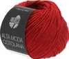 A ball of red yarn with a black label wrapped around it. Produktbild-Vorschau