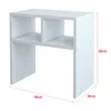 A white cube-shaped side table with two open compartments, shown from a front-side angle with dimensions indicated by red lines and text. Anteprima dell’immagine prodotto