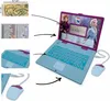 A collage of images showing a children's toy laptop with characters from Frozen on the screen, along with close-ups of the keyboard and mouse, and a size reference. Voir les images du produit
