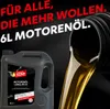 A bottle of motor oil is being poured into a container, with text overlays promoting the product. Produktbild-Vorschau