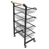 A black metal kitchen cart with four wire baskets and a wooden handle, shown against a white background. Podgląd zdjęcia produktu