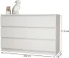 A white dresser with six drawers is shown from the front and side, with dimensions indicated. Produktbild-Vorschau