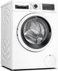 A white Bosch washing machine with a black door and control panel is shown from a three-quarter angle. Produktbild-Vorschau