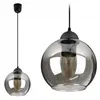 A product shot of a pendant light with a smoked glass globe and a black cord and ceiling mount. The image is split into two views: a full view of the light hanging from the cord, and a close-up of the light fixture. Produktbild-Vorschau