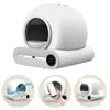 A collage of images showing a modern, white automatic cat litter box from different angles and demonstrating its features. Podgląd zdjęcia produktu